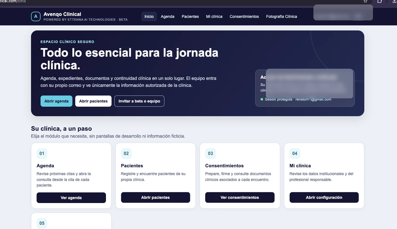Vista de inicio clínico de AVENQO